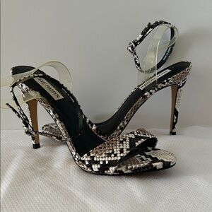 Steve Madden Snake Print Heels Black Tan Size 9.5 Open Toe Lucite Ankle Buckle